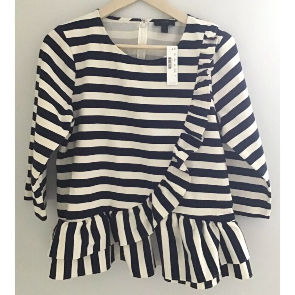 J Crew Asymmetrical Striped Ruffle Top Shirt F8928